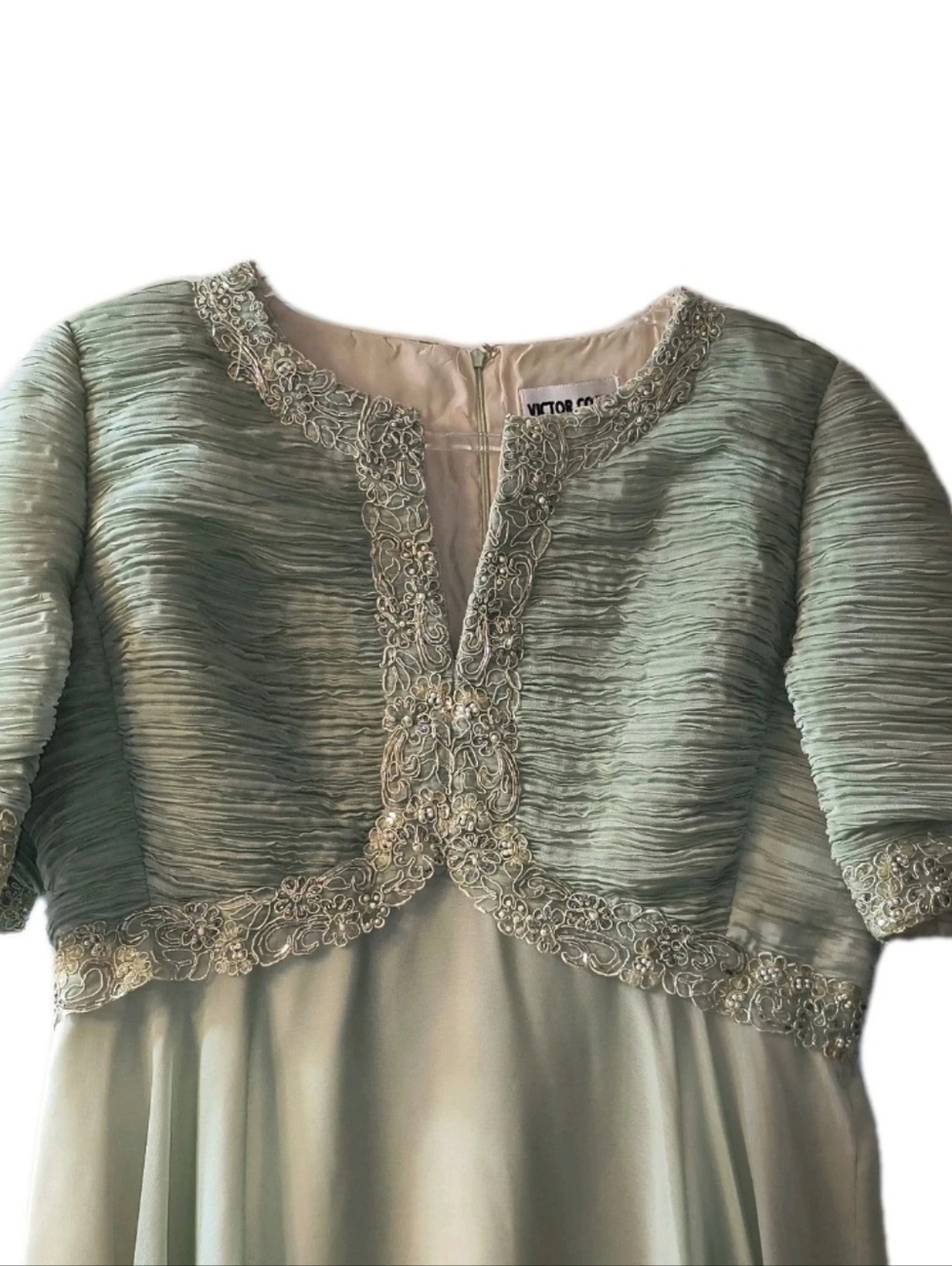 Vtg Victor Costa Beaded Gown Sage Green Pleated Chiffon Formal Maxi Size 16 READ - Picture 3 of 13